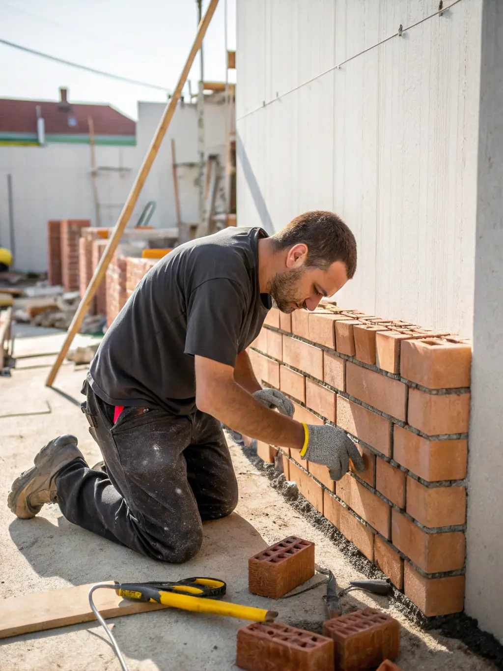 Imagen de un albañil trabajando en un muro de ladrillos con herramientas profesionales.