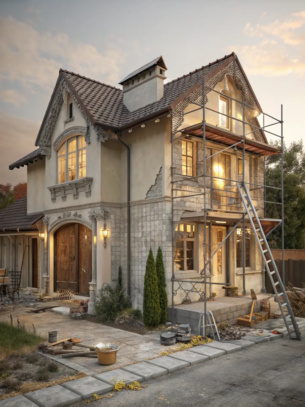 Imagen de un interior renovado con acabados modernos y detalles de obra en proceso.